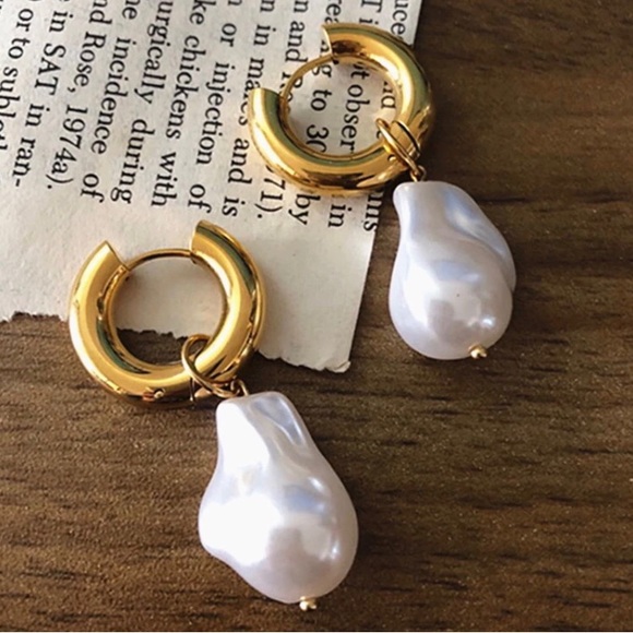 Anthropologie Jewelry - Anthropologie 18K Gold Plated Fresh Water Baroque Pearl Drop Hoop Earrings